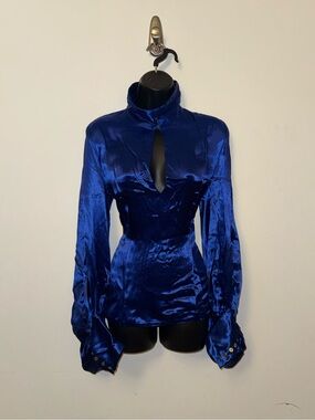 Yves Saint Laurent Vintage Cobalt Blue Satin Blouse with Balloon Sleeves